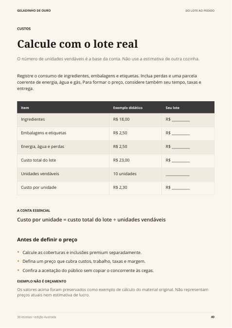 Página real do guia: ficha de custo