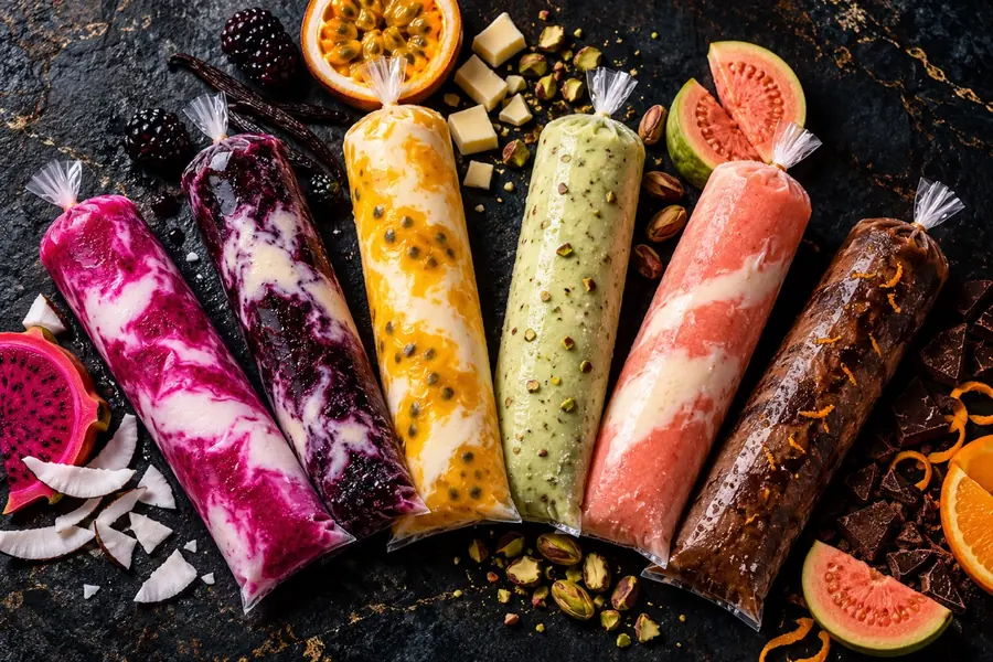 Apresentação ilustrativa de geladinhos coloridos com frutas, chocolate e pistache